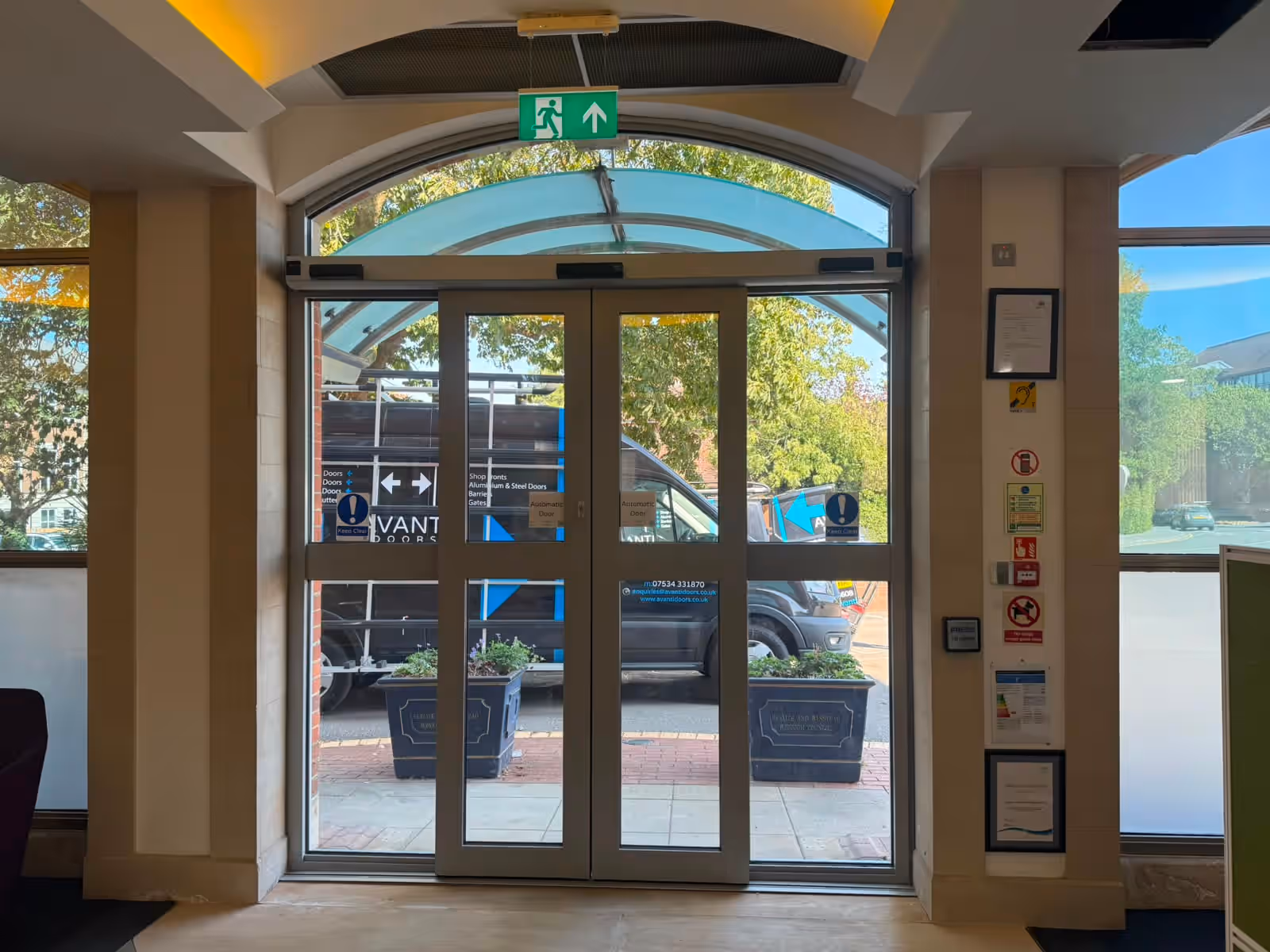 The new automatic sliding entrance at Reigate Town Hall, viewed from inside