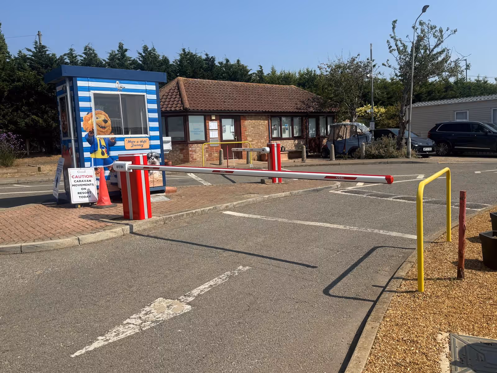 Wide view of the new automatic barriers at the Searles Leisure Resort entrance