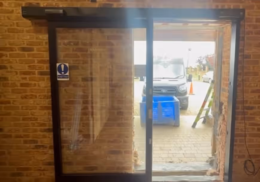 New single sliding automatic door installed by Avanti Doors at Worzals farm shop, Wisbech